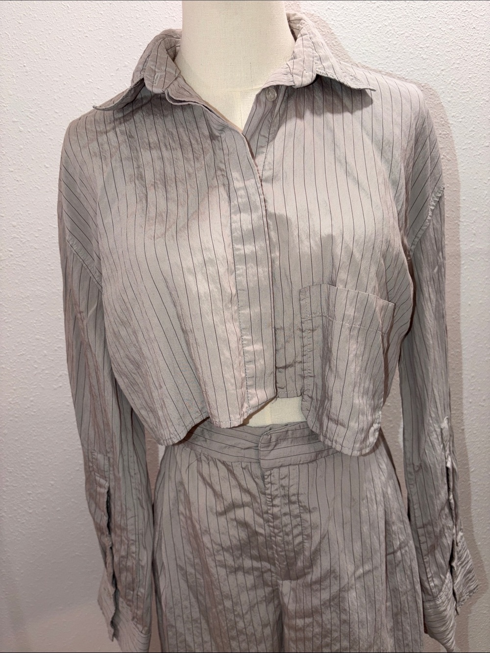 Zara Light Gray Pinstripe Wide-Leg Jumpsuit